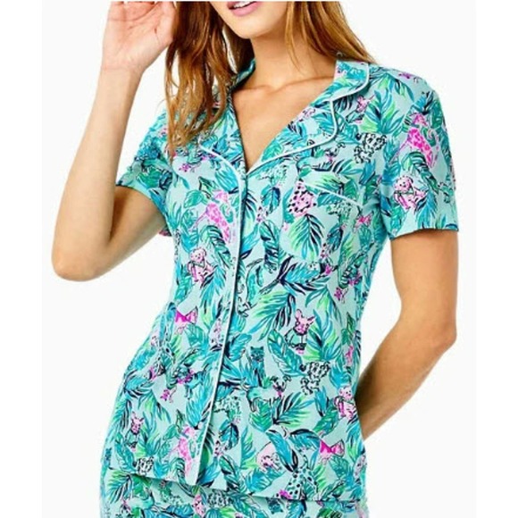 Lilly Pulitzer Other - Lilly Pulitzer PJ Knit SS Button-Up Top Sea Salt Blue Barking Up the Palm Tree